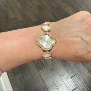Gold Tone Watch with White Clover Bracelet